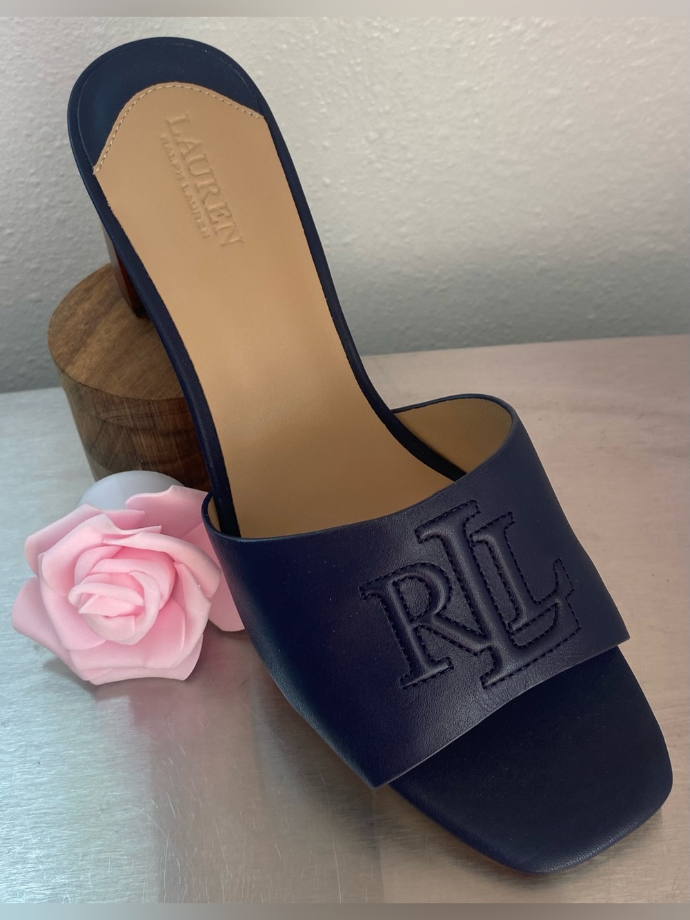 RALPH LAUREN NAVY LEATHER BLOCK HEEL MULES-NEW - Picture 13 of 15